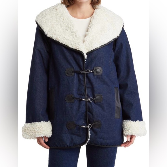 WeWoreWhat Jackets & Blazers - New WeWoreWhat Oversized Denim Sherpa Coat Jacket S NWT Fluffy Cozy Winter Faux
